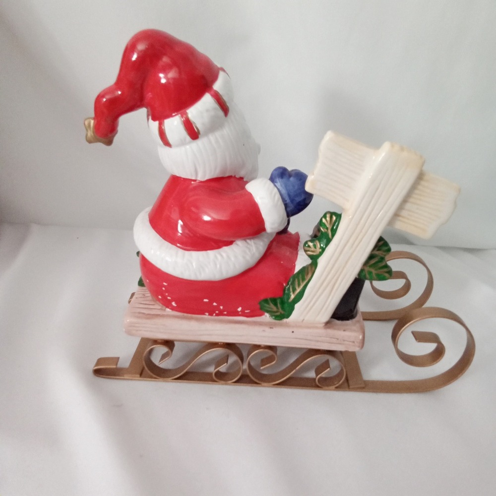 Vintage Style Ceramic Santa Claus on Gold Metal Sled Figurine Ho Ho Ho Sign 8in - Picture 3 of 7